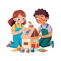 Siblings Displaying Their Dollhouse with Pride and Smiles vector