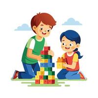 Siblings Competing in a LEGO Building Challenge with Fun and Creativity vector