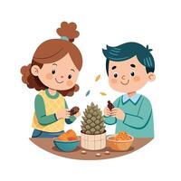 Siblings Displaying Their Homemade Bird Feeders with Pride and Smiles vector