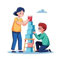 Siblings Enjoying a Fun and Challenging Plastic Cups Stacking Game with Laughter and Smiles vector