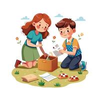 Siblings Displaying Their Time Capsule with Pride and Smiles vector