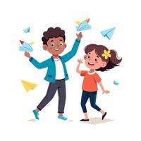 Siblings Enjoying a Fun and Competitive Paper Airplane Distance Challenge with Laughter and Smiles vector