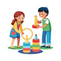Siblings Playing a Homemade Ring Toss Game with Paper Plates and Fun vector