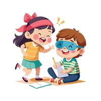 Siblings Playing a Blindfolded Drawing Challenge with Fun and Laughter vector