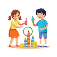 Siblings Enjoying a Fun and Active Homemade Ring Toss Game with Laughter and Smiles vector