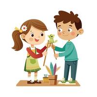 Siblings Making DIY Stick Puppets for a Mini Show with Fun and Creativity vector
