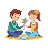 Siblings Displaying Their Wind Spinners with Pride and Smiles vector
