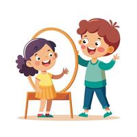 Siblings Making Funny Faces at Each Other in a Mirror with Laughter and Smiles vector