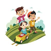 Siblings Enjoying a Fun and Exciting Soapbox Cars Racing Game with Laughter and Smiles vector