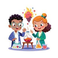 Siblings Hosting a DIY Science Fair with Fun and Experimental Projects vector