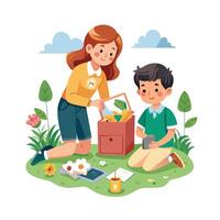 Siblings Making a Time Capsule Together with a Nostalgic and Sentimental Moment vector