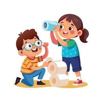 Siblings Making Paper Roll Binoculars for Pretend Play with Fun and Creativity vector