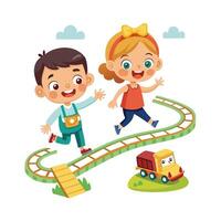 Siblings Enjoying a Fun and Competitive Toy Trains Racing Game with Laughter and Smiles vector