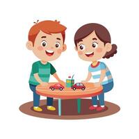Siblings Enjoying a Fun and Active Wind-Up Toy Cars Game with Laughter and Smiles vector