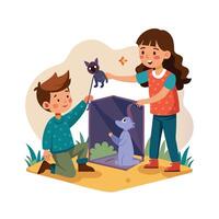 Siblings Displaying Their DIY Shadow Puppet Theater with Pride and Smiles vector