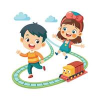 Siblings Racing Each Other with Toy Trains on a Track with Fun and Competition vector