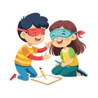 Siblings Enjoying a Fun and Creative Blindfolded Drawing Challenge with Laughter and Smiles vector