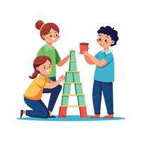Siblings Stacking Plastic Cups into a Tower with Fun and Challenge vector