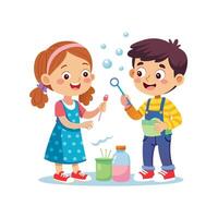 Siblings Displaying Their DIY Bubble Wands with Pride and Smiles vector