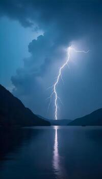 Lightning over lake in the mountains photo