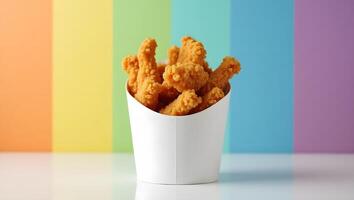 Crispy Fried Chicken Strips in White Paper Bucket with Colorful Background photo