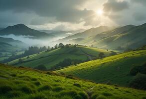 magnificent mountain landscape with green hills , valleys, fog. Clouds float beautifully across the sky, creating a feeling of tranquility and unity with nature. photo
