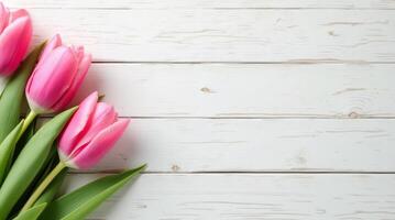 Pink tulips on rustic white wooden background, spring flowers bouquet with copy space for text on right side photo