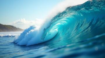 Powerful ocean wave curling near tropical coastline. Deep blue sea water with white foam. Surfing and nature background photo