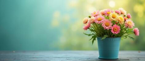 Potted pink and yellow daisies on wooden surface with blurred green background. Spring floral decoration with copy space photo