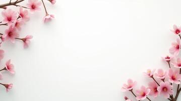 Pink cherry blossoms on white background with copy space. Floral frame with blooming spring flowers for greeting card or invitation photo