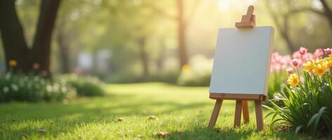 Blank canvas on wooden easel in spring garden with blooming tulips and sunlight. Mockup for painting, design, or creative projects photo