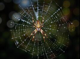 A spider sits in its web with dew drops on it photo