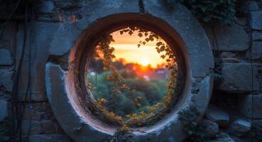 Sunset through ruined wall's round window photo