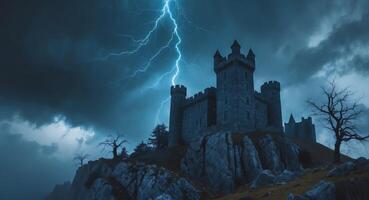 Spooky castle on a rocky hill illuminated by lightning strikes under a haunting stormy sky. photo