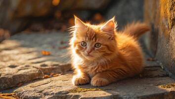 Fluffy ginger kitten enjoying the warmth of autumn light on a textured stone surface with a cozy atmosphere. photo