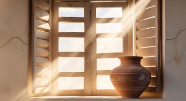 Sunlight streaming rustic window illuminating ancient pottery. photo