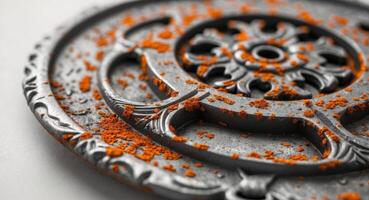 Rusted Metal Plate With Intricate Carved Design photo