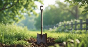 Garden Shovel Digging Into Soil in Sunlit Natural Setting with Lush Greenery Surrounding the Work Area. photo