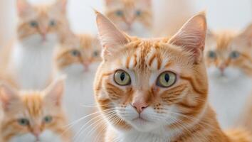 An orange cat is surrounded by many other cats photo