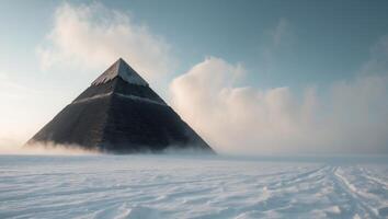 A pyramid in the snow with fog and clouds photo