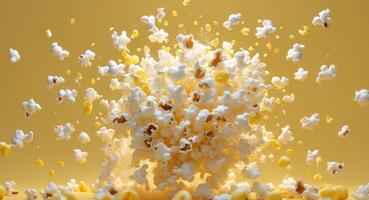 Popcorn kernels exploding on a yellow background. photo