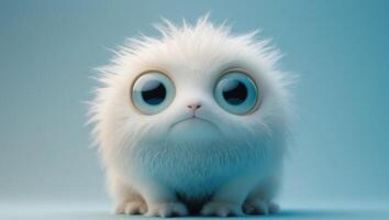 Fuzzy Creature with Large Eyes on a Soft Blue Background photo