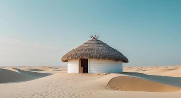 White Round Hut with Thatched Roof in Sandy Desert. photo