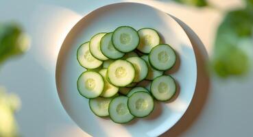 Fresh circular slices of cucumbers on a plate captured from above showcasing natural ingredients and soft diffused light. photo