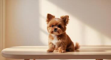 A small dog sitting on a table in front of a window photo