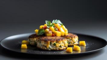 A plate with two crab cakes and mango salsa photo