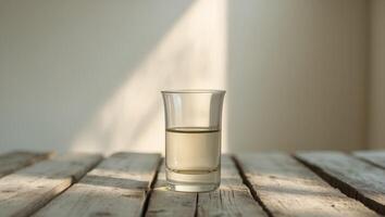 Glass filled with liquid placed on a wooden table with soft natural lighting and a blurred background photo