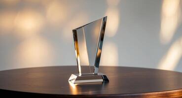 Crystal award trophy displayed on a wooden table with soft lighting and a blurred background photo