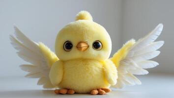 Cute yellow plush bird with white wings big round eyes and a small beak sitting adorably photo