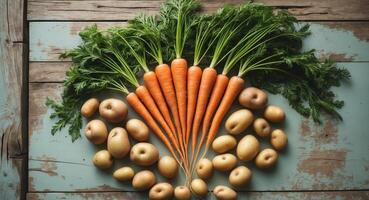 Carrots, potatoes and carrots arranged in a circle on a wooden table photo
